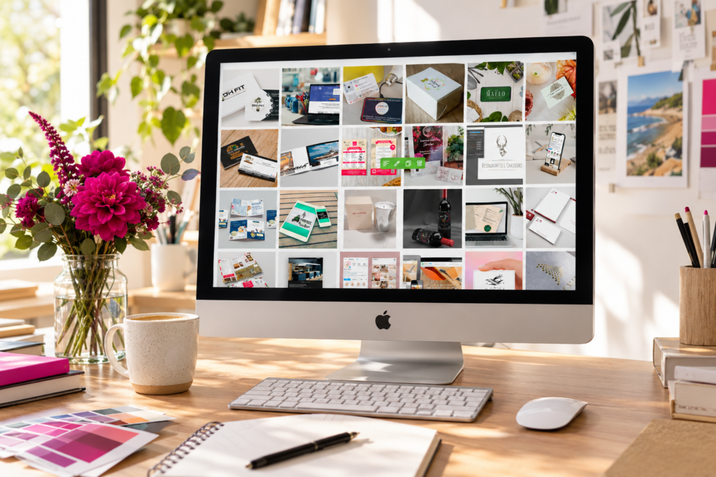 Poste de travail de graphiste avec un Mac affichant un portfolio de créations graphiques, accompagné d’un café et d’un bouquet de fleurs magenta.